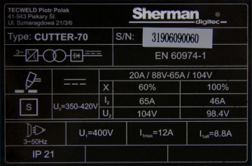 SHERMAN CUTTER 70 23 мм ПЛАЗМЕННЫЙ РЕЗАК