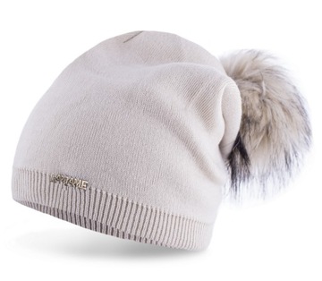 Ciepła CZAPKA beanie krasnal z pomponem BEŻOWY P1