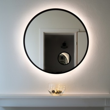 LUSTRO OKRĄGŁE W CZARNEJ RAMIE 70 cm, PODŚWIETLANE