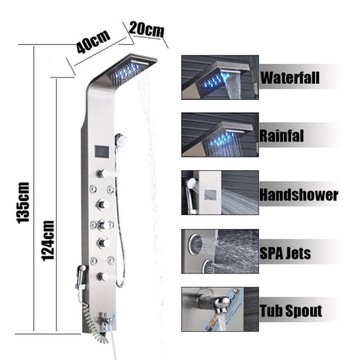 Душевая панель с тропическим душем со светодиодной подсветкой, цвет нержавеющая сталь