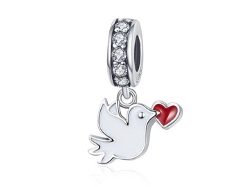 Charms Srebro 925 Ptak Gołąbek Miłość Serce Zawieszka