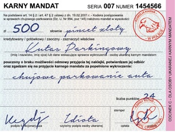 KARNA NAKLEJKA mandat PARKOWANIE Kut*s 10sz