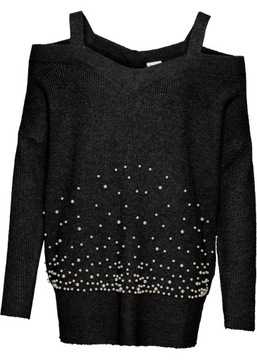 O5599 SWETER DZIANINOWY Z PEREŁKAMI CZARNY r.32/34