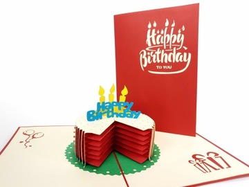 Czerwony Tort Urodzinowy Kartka 3D Urodziny Prezent Happy Birthday PoP Up