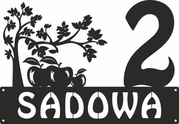 Numer na dom. Stalowa tablica adresowa z grafiką.