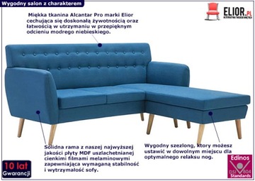 MODNA == KOMFORTOWA SOFA Z SZEZLONGIEM = NIEBIESKA