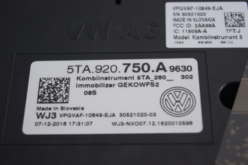 5TA920750A PŘÍSTROJOVÁ DESKA VW TOURAN III 1.4 TSI