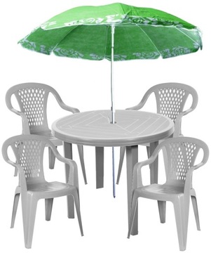 SZARY ZESTAW 4+1 KRZESŁA STÓŁ + PARASOL PLASTIK