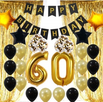 BALONY cyfry zestaw 60 LAT konfetti CZARNE ZŁOTE