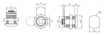 ЗАМОК ДЛЯ КОРОБКИ С КЛЮЧОМ КВАДРАТНЫЙ 7,6 x 7,6 FI 19X20 19 x 20 L= 33