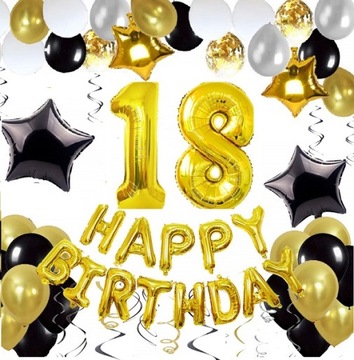 Zestaw balony CZARNE ZŁOTE 18 LAT na OSIEMNASTKĘ