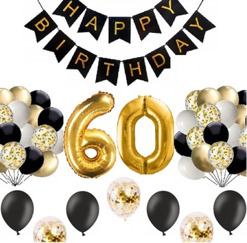 Zestaw BALONY cyfry 60 LAT z konfetti CZARNE ZŁOTE