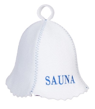SAUNA CZAPKA DO SAUNY FILCOWA BIAŁA LOGO NIEBIESK.