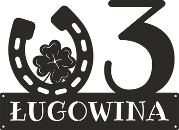 Numer na dom. Stalowa tablica adresowa z grafiką.