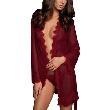 KORONKOWY SZLAFROK DAMSKI BORDOWY ELEGANCKI PENIUAR SEXY STRINGI GRATIS
