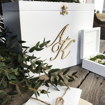 Большая БЕЛАЯ Коробка для КОНВЕРТОВ+ОБРУЧАЛЬНЫХ КОЛЬЦ, мох