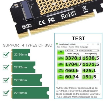 Адаптер M.2 NVMe M Key SSD — PCI-e x16 + радиатор
