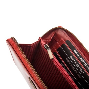 BETLEWSKI portfel skórzany damski czerwony RFID portmonetka mały na suwak