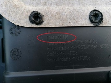 VW GOLF V PLUS BOCZEK DRZWI TYL PRAWY TAPICERKA