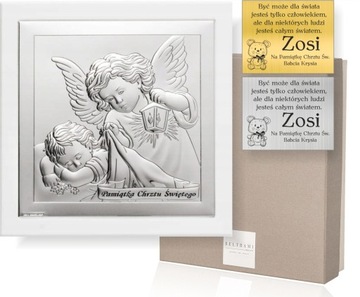 Srebrny OBRAZEK ANIOŁ Stróż CHRZEST GRAWER 19x19cm