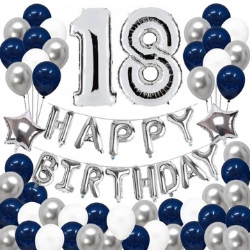 BALONY ZESTAW cyfra 18 LAT urodziny białe srebrne