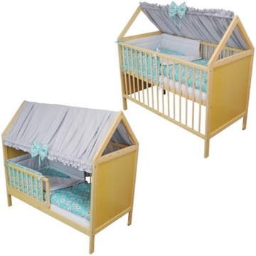 Zestaw łóżeczko dziecięce tapczanik 2w1 Jaś domek sosna 120x60 cm pościel