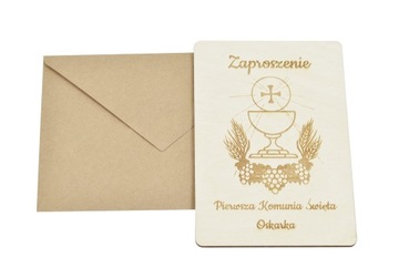 Drewniane Zaproszenie na Komunię Świętą + Koperta