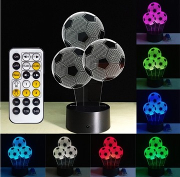 LAMPKA NOCNA 3D LED 3X PIŁKA NOŻNA PREZENT + PILOT