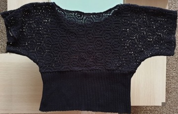Sweter wdzianko ażurowe czarne rękaw nietoperz M