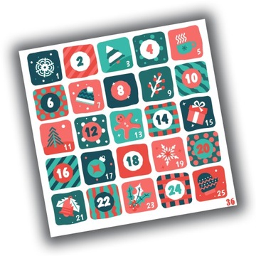 NAKLEJKI ŚWIĄTECZNE ADWENTOWY KALENDARZ 36 10x10