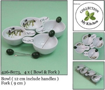 Miseczki porcelana 4 szt + widelczyki na przekąski