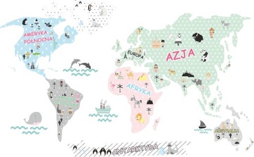 Mapa świata naklejki PASTELOWE zwierzęta 120x70cm