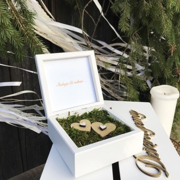 Большая БЕЛАЯ Коробка для КОНВЕРТОВ+ОБРУЧАЛЬНЫХ КОЛЬЦ, мох