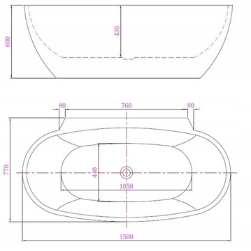 СВОБОДНОСТОЯЩАЯ ВАННА 150х77 МАНДАЛ + СИФОН + ПОЛКА
