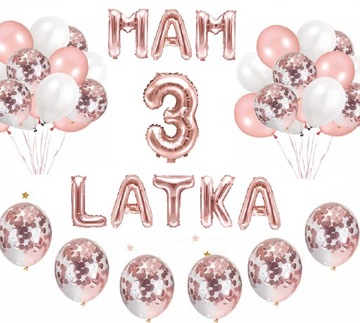 Zestaw BALONY cyfra 3 LATKA urodziny ROSE GOLD