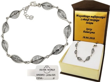 BRANSOLETKA SREBRNA 925 DAMSKA ELEGANCKIE LISTKI OKSYDOWANA + GRAWER GRATIS