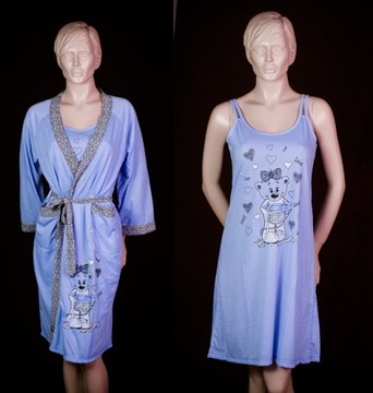 KOMPLET SZLAFROK Z KOSZULĄ NOCNĄ RAMIĄCZKACH ZESTAW BAWEŁNIANY DAMSKI M