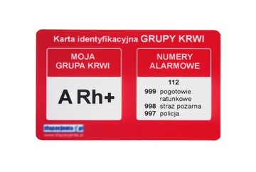Karta informacyjna grupa krwi A Rh+ czerwona