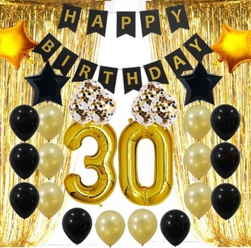 BALONY kurtyna cyfry 30 LAT konfetti CZARNE ZŁOTE