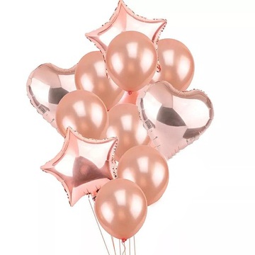 Balony ROSE GOLD zestaw SERCA GWIAZDKI GUMOWE