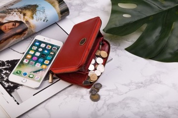 BETLEWSKI portfel skórzany damski czerwony RFID portmonetka mały na suwak