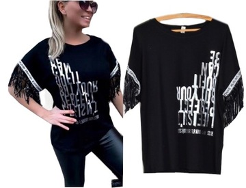 134 t-shirt BLUZKA TUNIKA KOSZULKA FRĘDZLE NAPISY