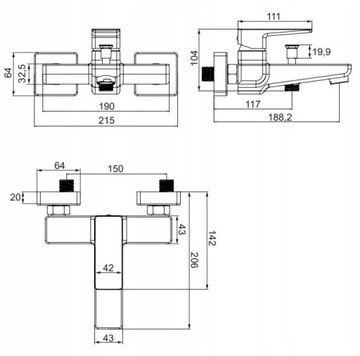 OMNIRES PARMA СМЕСИТЕЛЬ ДЛЯ ВАННЫ + КУБИЧНЫЙ ДУШ