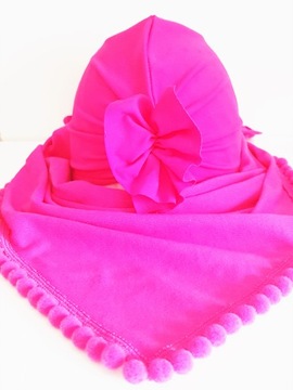 KOMPLET DLA DZIEWCZYNKI CZAPKA TURBAN + CHUSTKA Z POMPONIKAMI 3MC-10LAT 6WZ