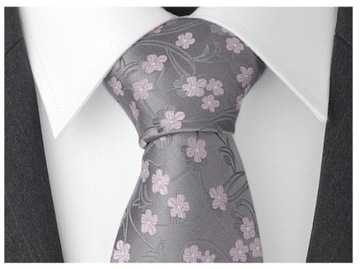 MIKROFIBRA Krawat Męski ŚLUB Kwiatki Róż Szary G84