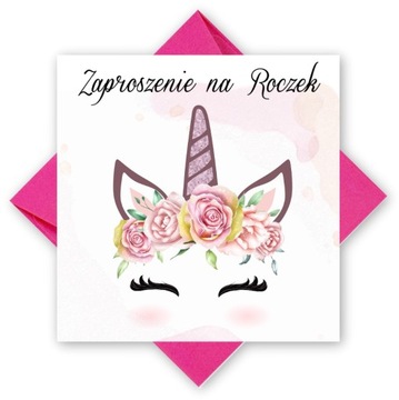 ZAPROSZENIA NA ROCZEK URODZINY 1 JEDNOROŻEC UNICORN + RÓŻOWA KOPERTA