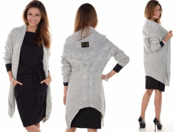 UROCZY DŁUGI SWETER WŁOSKI KARDIGAN NARZUTKA SZARY