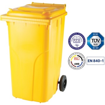 ŻÓŁTY Kosz Na Śmieci Plastiki Tworzywo ATEST 240L