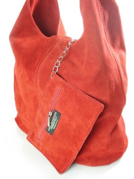 Zamszowy Worek Włoska Skóra Shopper Bag Czerwony