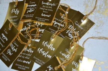 złote zawieszki na wódkę weselną |złote tło |48 szt / 16 tekstów